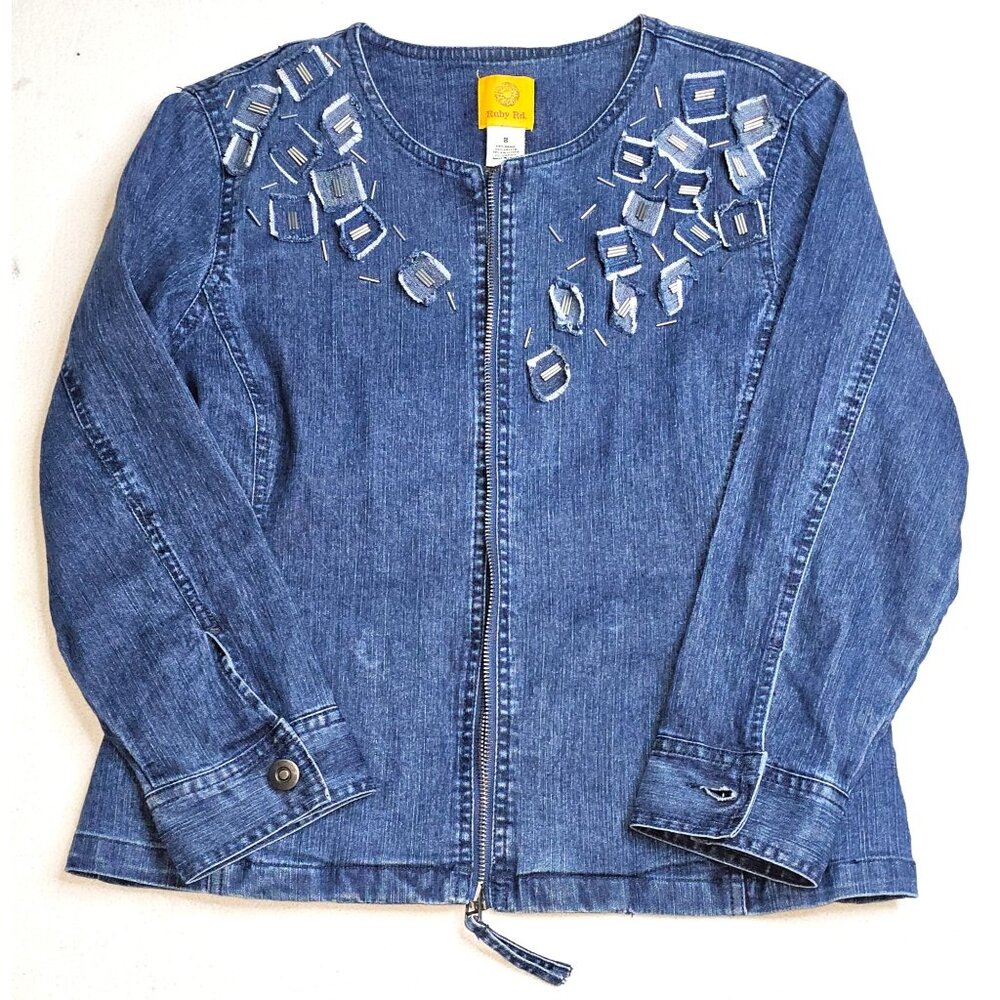 Ruby Rd. Embellished Denim Jean Jacket Size 8 Zip Front Long Sleeve Womens